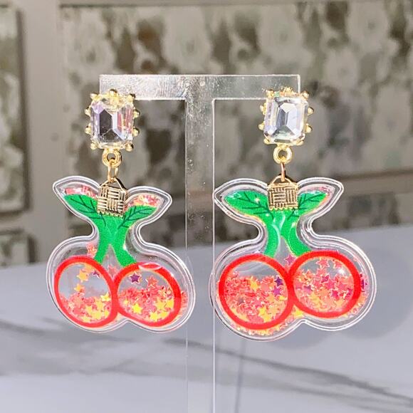 Molliwater Jewelry - New Red Cherry Glitter-filled Rhinestone Dangle Earrings Drop Jewel 3D Kidcore